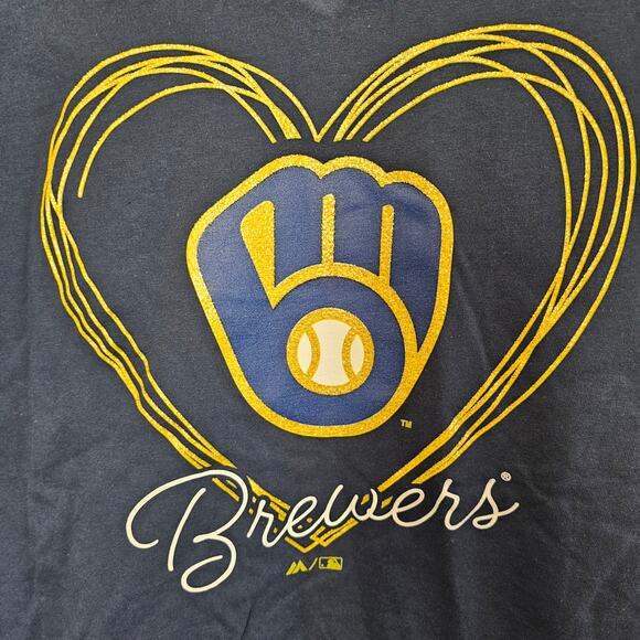 MLB Majestic Milwaukee Brewers Shirt Women Sz Small Blue Baseball Heart Game Day - Picture 2 of 6